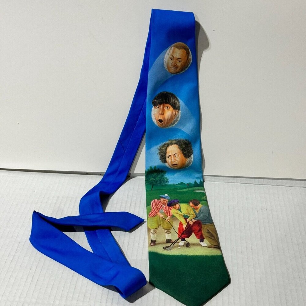 Vintage Ralph Marlin Neck Tie Three Stooges Blue 1996 Golf Theme Made In USA